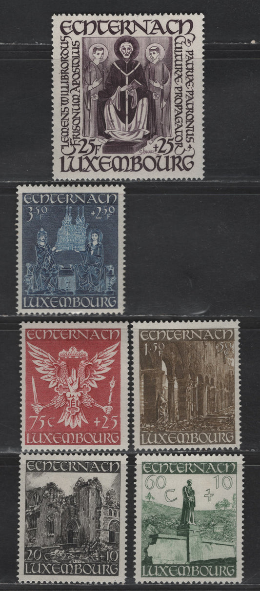 Lot 190 Luxembourg SC#B137-B142 20c+10c - 25fr+25fr Black - Dark Purple Ruins of St Willibrord Basilica - Twelfth Centurt Miniature, 1947 Semi Postal Issue, 6 VFOG Singles
