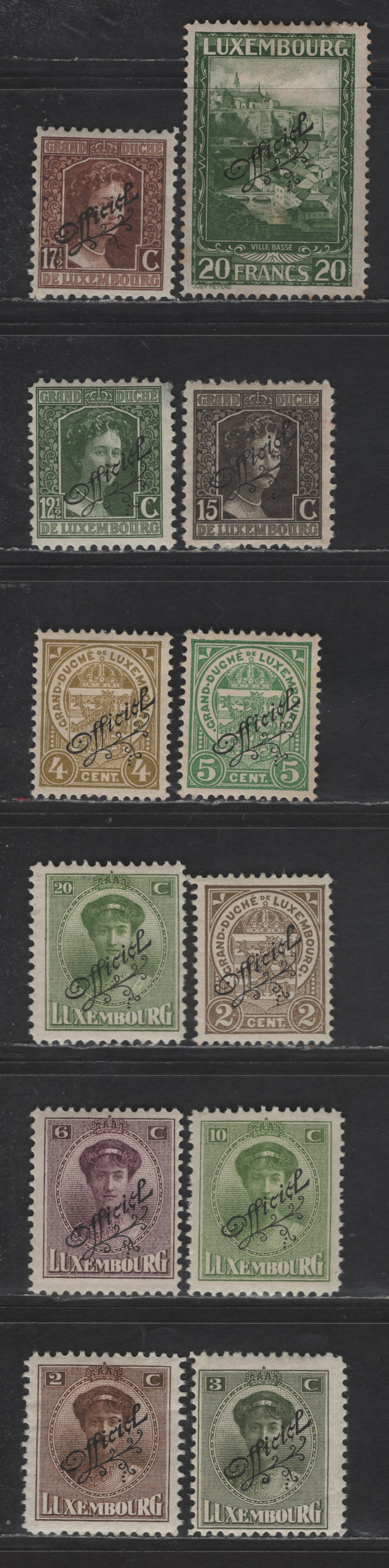 Lot 191 Luxembourg SC#O81-O83, O100-O102, O114-O117, O123, O180 2c - 20fr Olive Brown - Deep Green Official Overprint, 1908-1931 Official Issue, 12 F/VFOG Singles
