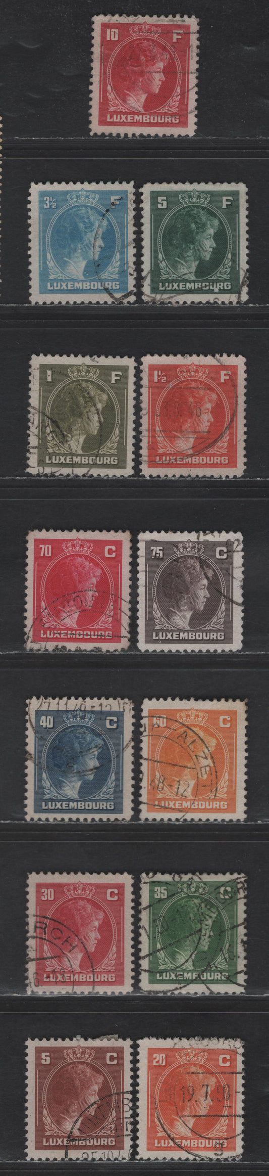 Lot 192 Luxembourg SC#218, 219A, 220A, 221,A, 222A, 223,B, 224, 226, 231-233 5c - 10fr Brown Red - Carmine Grand Duchess Charlotte, 1944-1946 Grand Duchess Charlotte Issue, 13 Very Fine Used Singles, Perf 12, Unwatermarked