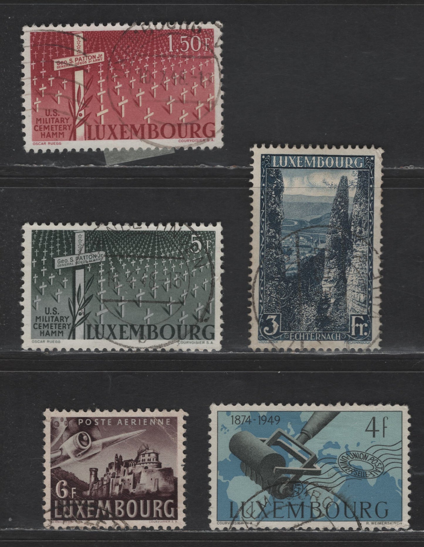 Lot 195 Luxembourg SC#153, 242, 244, 263, C12 3fr - 6fr Dark Blue & Blue - Dark Brown & Gray The Wolfsschlucht - Vianden Castle, 1923-1946 Pictorial - Airmail Issues, 5 Very Fine Used Singles