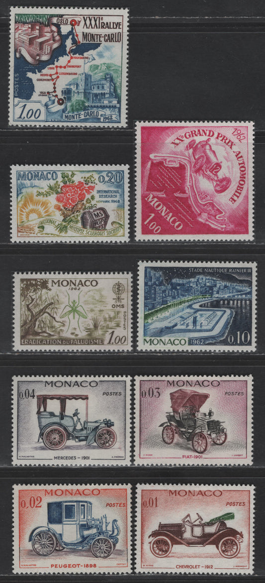 Lot 197 Monaco SC#485-488, 499-500, 504-506 1c - 20c Orange Brown, Dark Brown & Green - Multicolored Chevrolet 1912 - Sun, Flowers & Hope Chest, 1961-1962 Automobiles - National Multiple Sclerosis Society Issues, 9 VFNH/OG Singles