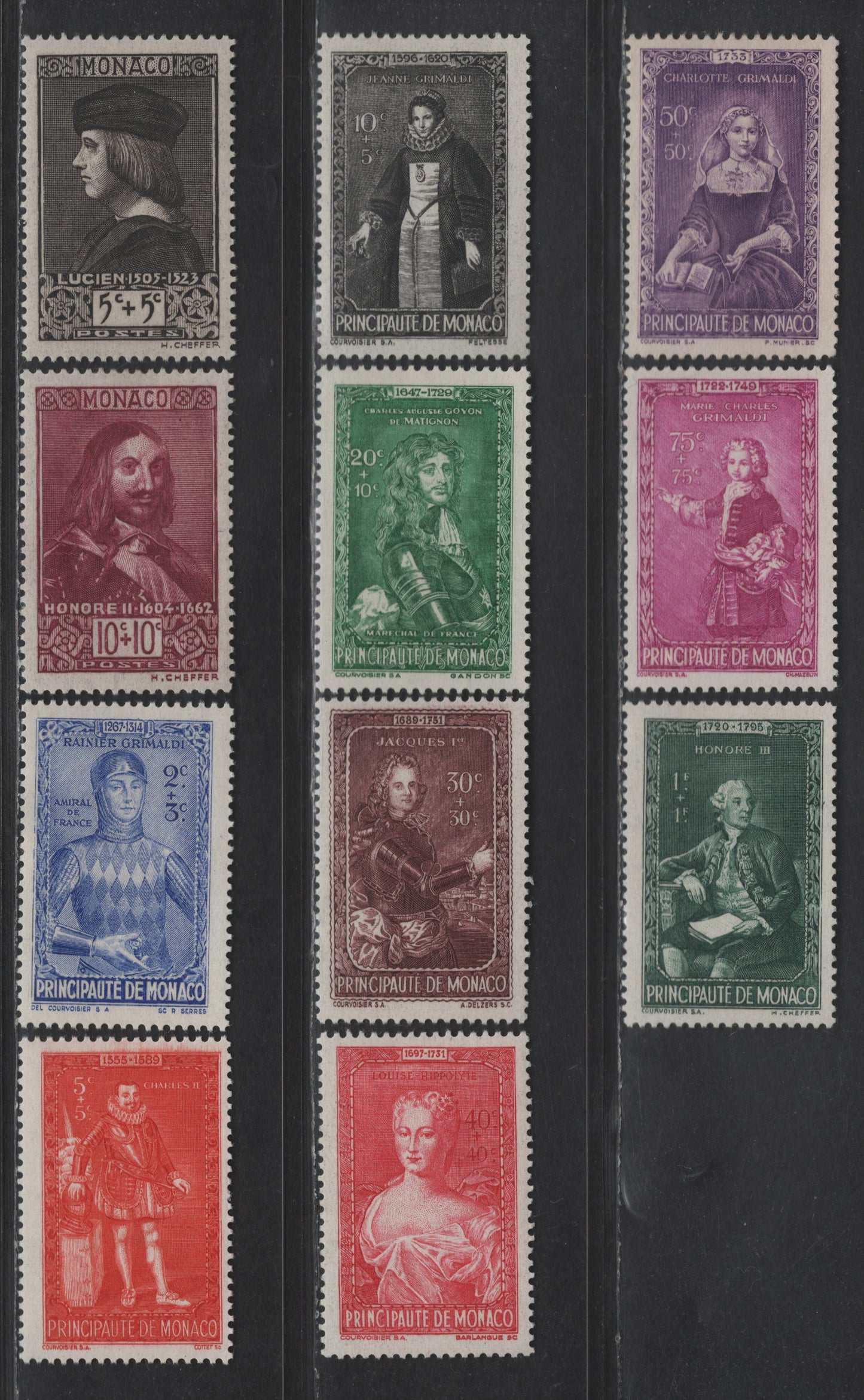 Lot 199 Monaco SC#B26-B27, B61-B64 5c+5c - 20c+10c Brown Black - Bright Green Lucien - Charles-August, 1939-1942 Semi Postal Issues, 6 VFOG Singles