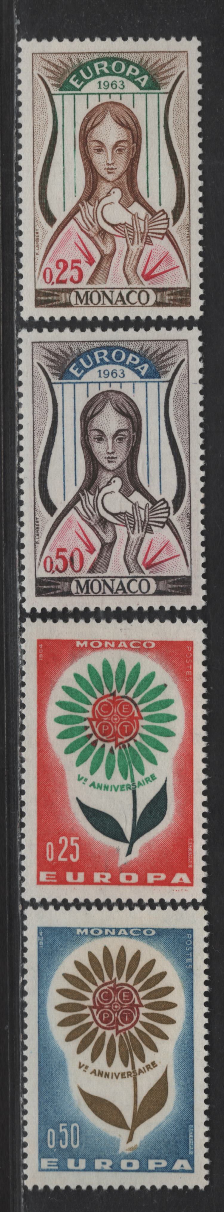 Lot 200 Monaco SC#551-552, 590-591 25c - 50c Brown, Green & Carmine - Ultramarine, Olive Bistre & Dark Red Brown Woman, Dove & Lyre - Flower, 1963-1964 Europa Issues, 4 VFOG Singles