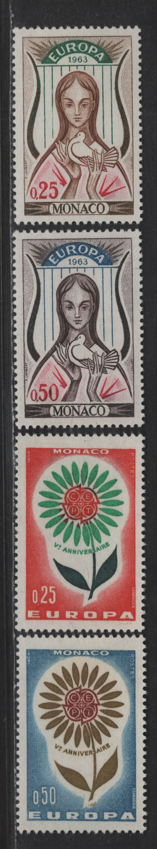 Lot 200 Monaco SC#551-552, 590-591 25c - 50c Brown, Green & Carmine - Ultramarine, Olive Bistre & Dark Red Brown Woman, Dove & Lyre - Flower, 1963-1964 Europa Issues, 4 VFOG Singles