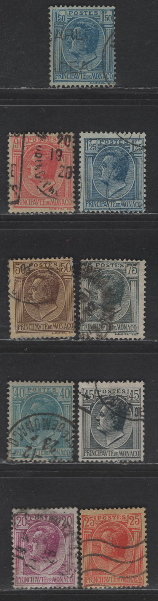 Lot 201 Monaco SC#67, 70, 73-74, 76, 81, 83-85 20c - 1.50fr Violet - Blue on Bluish Prince Louis II, 1924-1933 Pictorial Issue, 9 Fine/Very Fine Used Singles