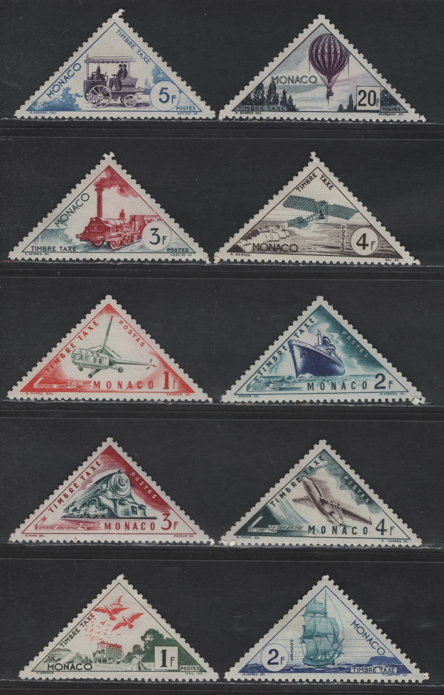 Lot 204 Monaco SC#J39-J43, J45, J48-J51 1fr - 4fr Dark Green & Bright Red - Prussian Green & Dark Brown Carrier Pidgeons - Comet Airliner, 1953-1954 Postage Dues, 10 VFOG Singles