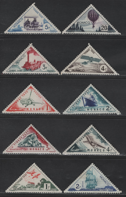 Lot 204 Monaco SC#J39-J43, J45, J48-J51 1fr - 4fr Dark Green & Bright Red - Prussian Green & Dark Brown Carrier Pidgeons - Comet Airliner, 1953-1954 Postage Dues, 10 VFOG Singles