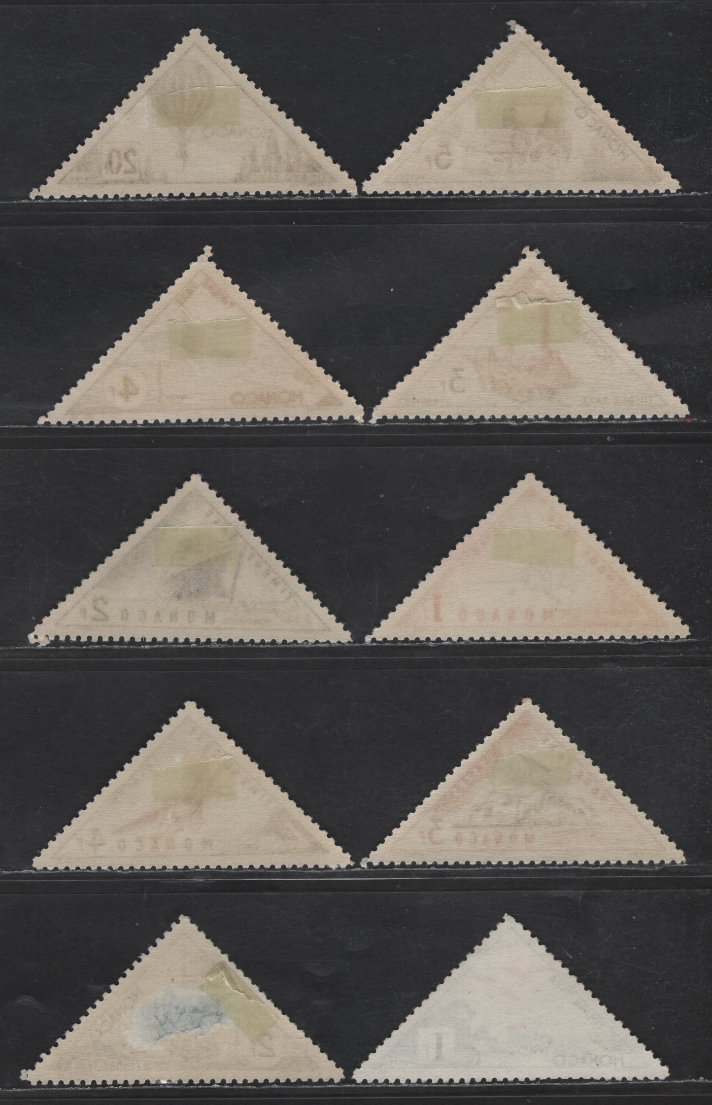 Lot 204 Monaco SC#J39-J43, J45, J48-J51 1fr - 4fr Dark Green & Bright Red - Prussian Green & Dark Brown Carrier Pidgeons - Comet Airliner, 1953-1954 Postage Dues, 10 VFOG Singles