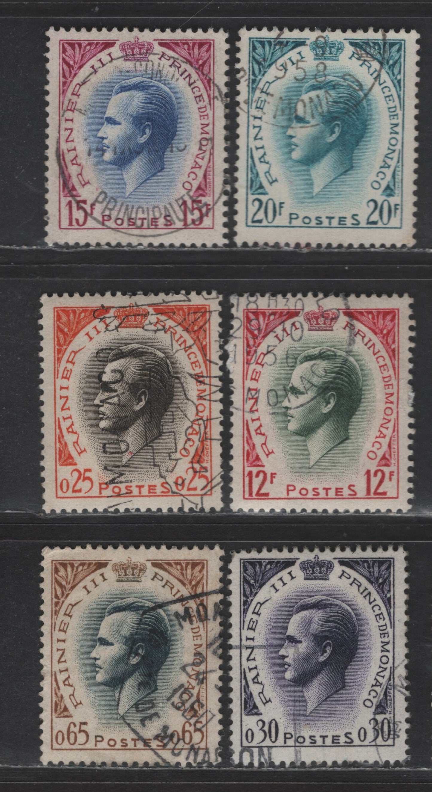Lot 205 Monaco SC#336-337, 405, 462-463, 465 12fr - 65c Carmine & Green - Yellow Brown & Slate Prince Rainier III, 1955-1960 Prince Rainier III Issues, 6 Very Fine Used Singles