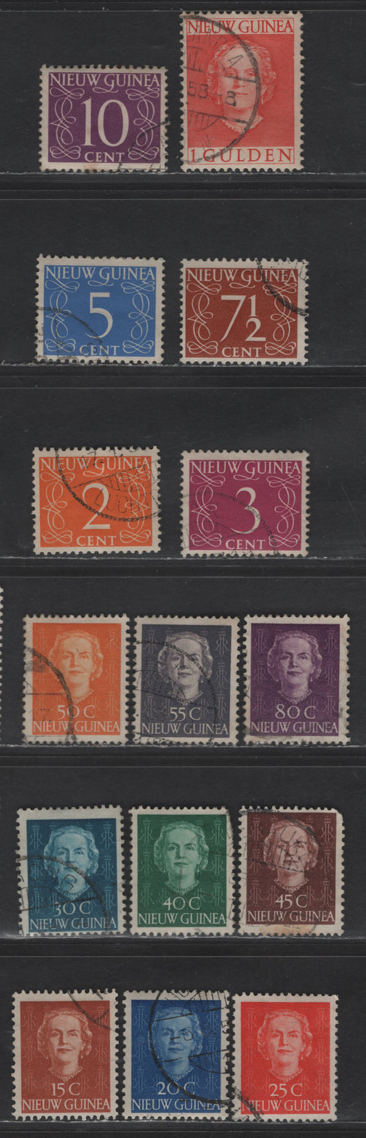 Lot 206 Netherlands New Guinea SC#2, 4, 6-8, 10-19 2c - 1g Deep Orange - Red Numerals - Queen Juliana, 1950-1952 Pictorial Issue, 15 Very Fine Used Singles