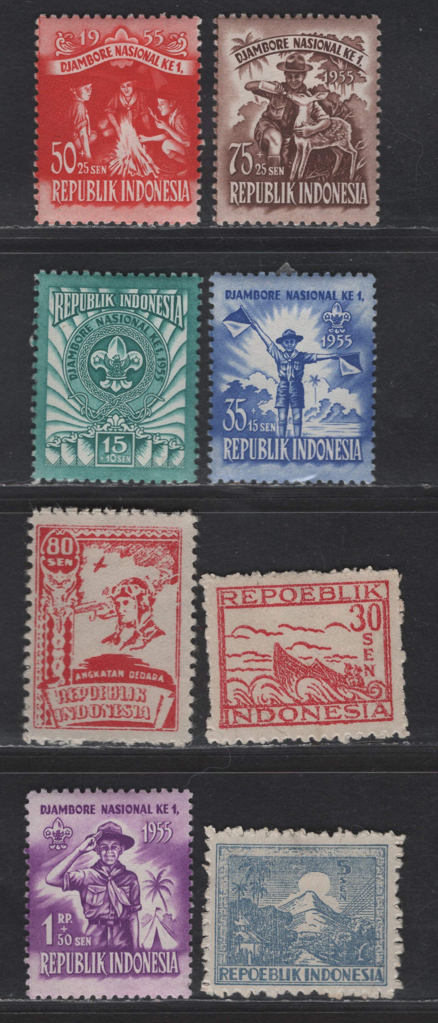 Lot 211 Indonesia SC#1L25, 1L27, 1L39, B83-B87 5s - 1r+50s Pale Gray Blue - Purple Road & Mountains - Boy Scouts Jamboree, 1946-1955 Revolutionary - Semi Postal Issues, 8 F/VFOG Singles
