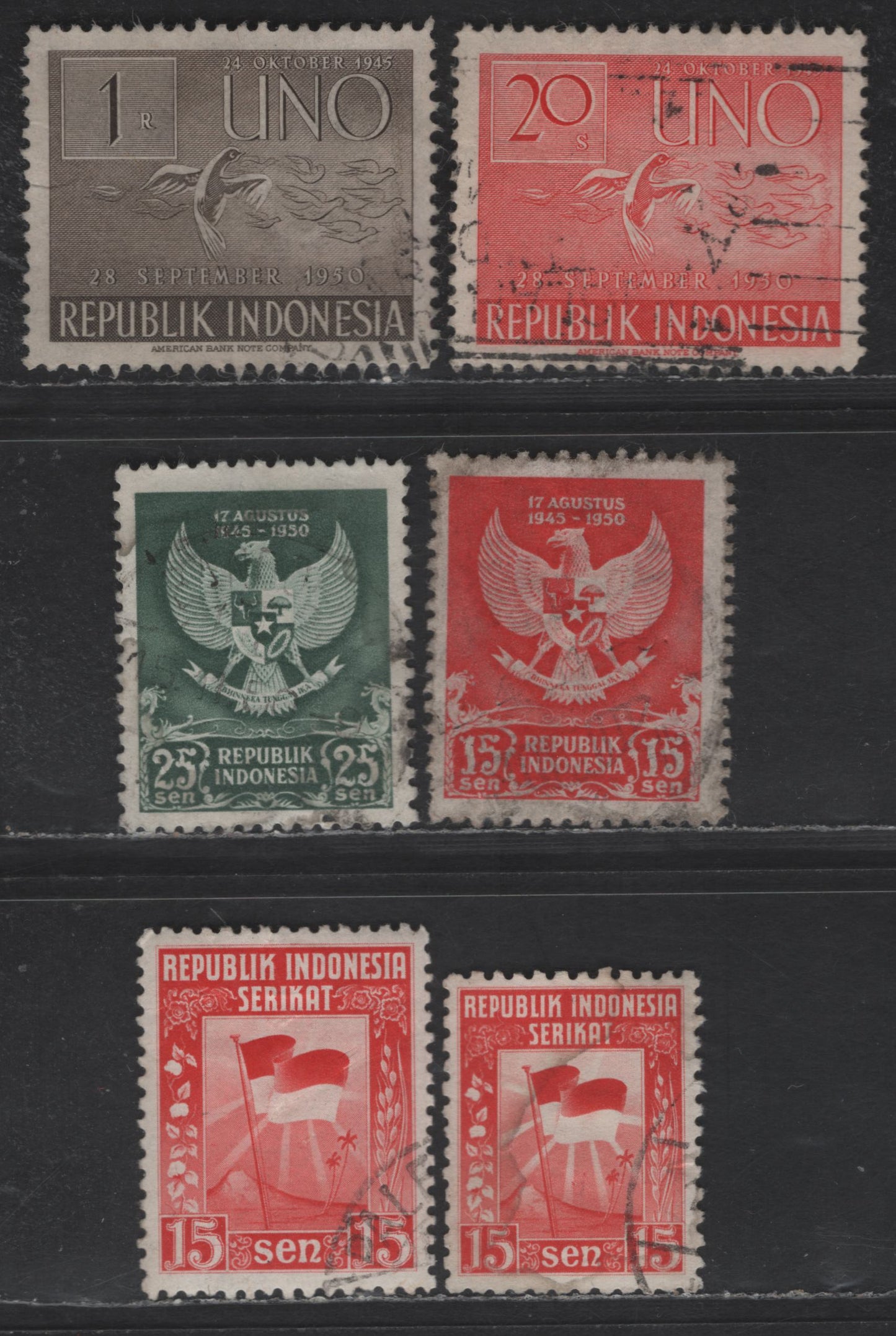 Lot 212 Indonesia SC#333-334, 359-360, 364, 367 15s - 1r Red - Sepia Mountain, Palm & Log - Doves In Flight, 1950-1951 United States Of Indonesia - 6th Anniv of UN & 1st Annif Of Republic of Indonesia Issues, 6 Very Fine Used Singles