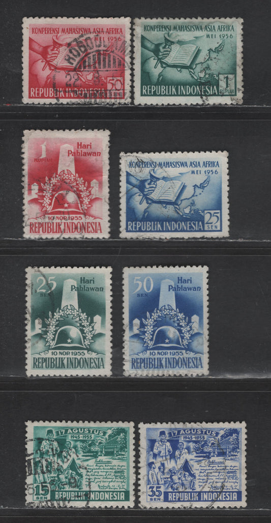 Lot 213 Indonesia SC#406-407, 418-423 15s - 1r Green - Dark Green Proclamaition of Independence - Torch, Map & Book, 1955-1956 10 Years of Independence - Asia-Africa Student Conference Issues, 8 Very Fine Used Singles