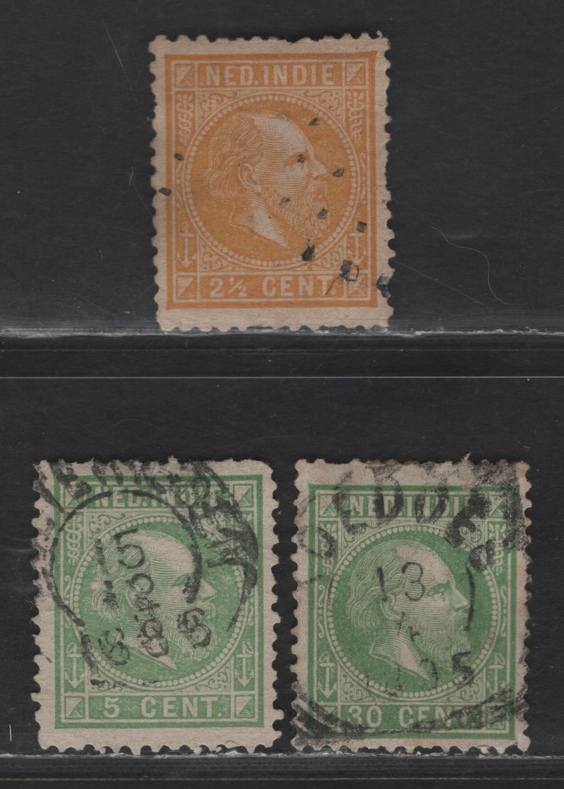 Lot 218 Netherlands Indies SC#7-8, 14 2.5c - 30c Orange - Green King William III, 1870-1888 King William III Issue, 3 Good Used Singles, Perfs 12.75x12, 12 & 13, Small Tear, Short Perfs & Corner Creases