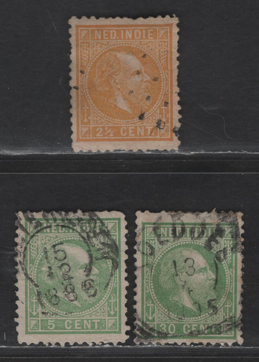 Lot 218 Netherlands Indies SC#7-8, 14 2.5c - 30c Orange - Green King William III, 1870-1888 King William III Issue, 3 Good Used Singles, Perfs 12.75x12, 12 & 13, Small Tear, Short Perfs & Corner Creases