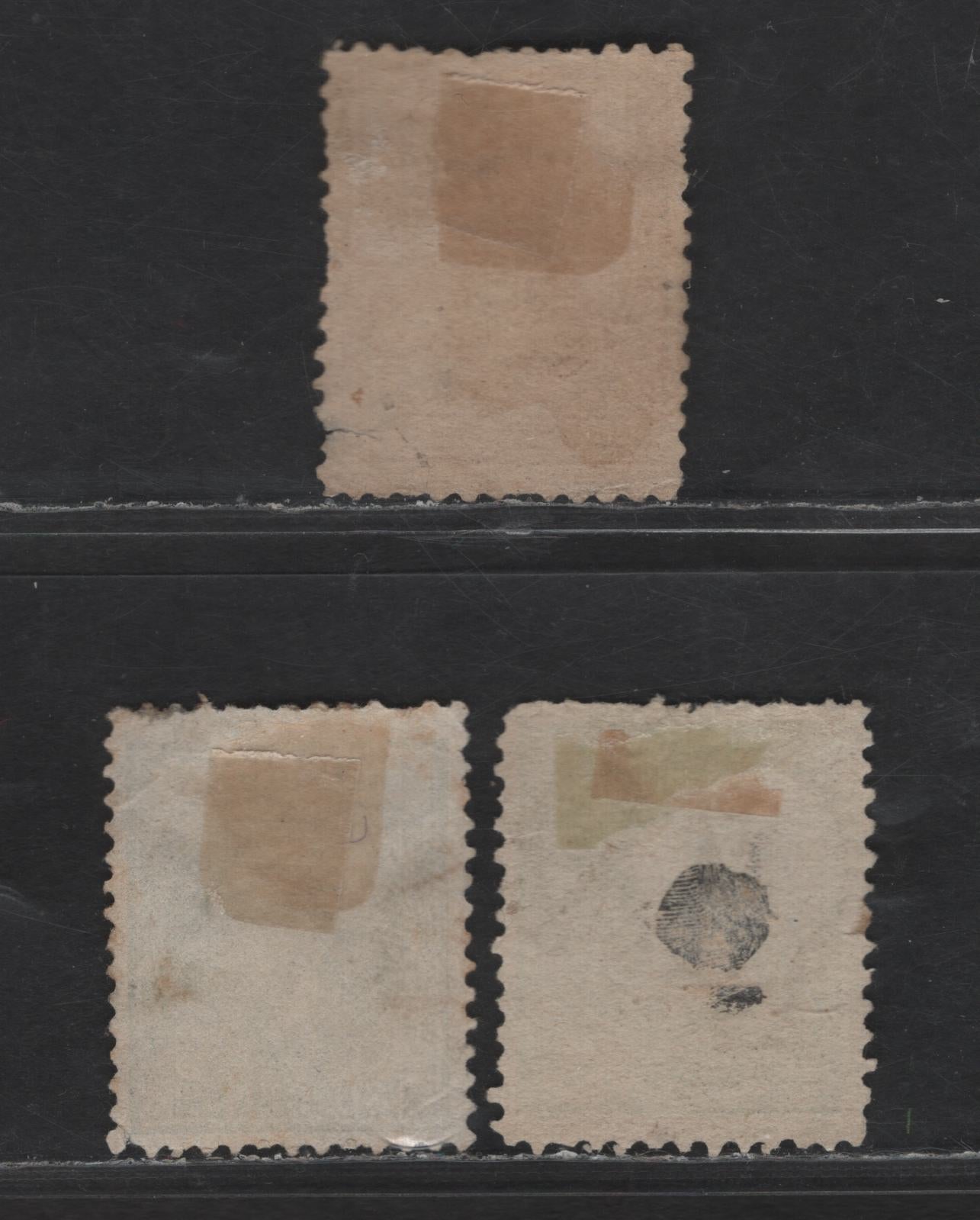 Lot 218 Netherlands Indies SC#7-8, 14 2.5c - 30c Orange - Green King William III, 1870-1888 King William III Issue, 3 Good Used Singles, Perfs 12.75x12, 12 & 13, Small Tear, Short Perfs & Corner Creases