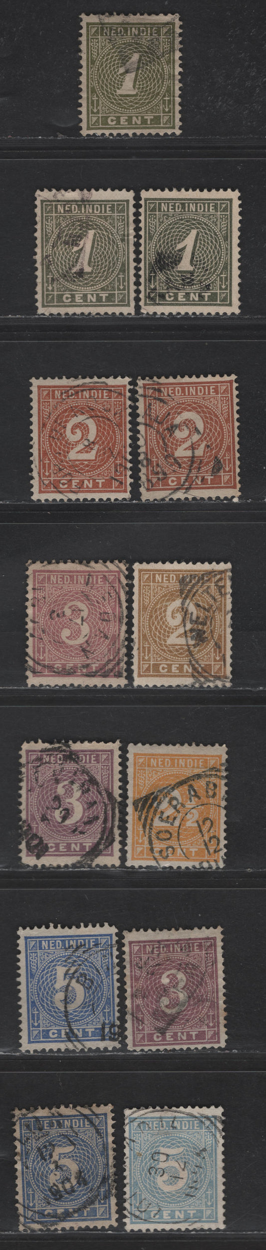 Lot 219 Netherlands Indies SC#17-22 1c - 5c Slate Gren - Ultramarine Numerals, 1883-1890 Numeral Definitive Issue, 13 Fine/Very Fine Used Singles, Unlisted Shade Varieties