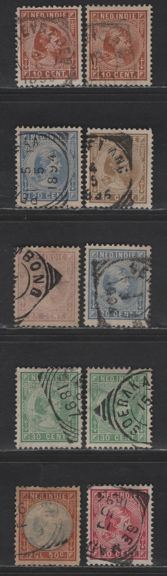 Lot 220 Netherlands Indies SC#23, 25-30 10c - 2.50g Orange Brown - Orange Brown & Ultramarine Queen Wilhelmina, 1892-1897 Queen Wilhelmina Issue, 10 Fine/Very Fine Used Singles, Some Shade Variations, Small Surface Abraisions on 2.50g