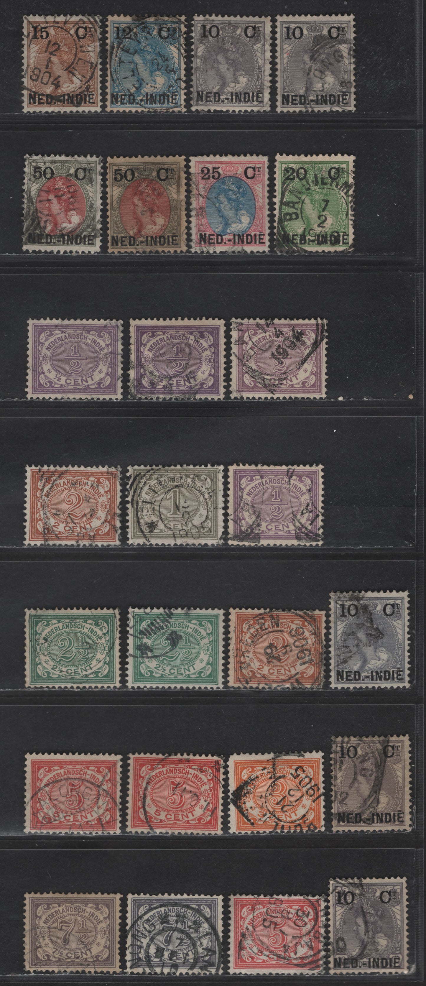 Netherlands Indies SC#31-36, 38-42, 44-45 10c on 10c - 7.5c Gray Lilac - Gray Queen Wilhelmina, 1900-1909 Overprinted Queen Wilhelmina Issue, 24 Fine/Very Fine Used Singles, Numerals With Cross Hatched Background, Numerous Unlisted Shades