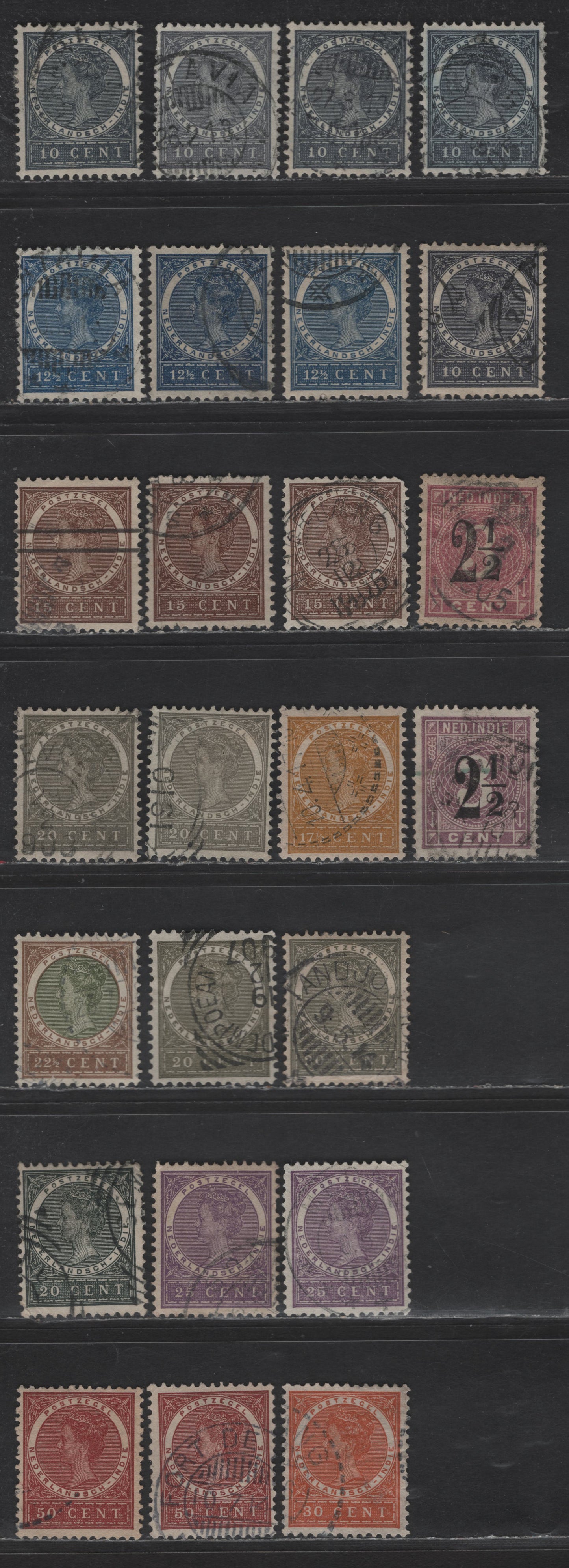 Lot 223 Netherlands Indies SC#47-57, 50a 2.5c on 3c - 50c Violet - Red Brown Queen Wilhelmina, 1902-1908 Surcharged Queen Wilhelmina Issue, 24 Fine/Very Fine Used Singles, Unlisted Shade Variations