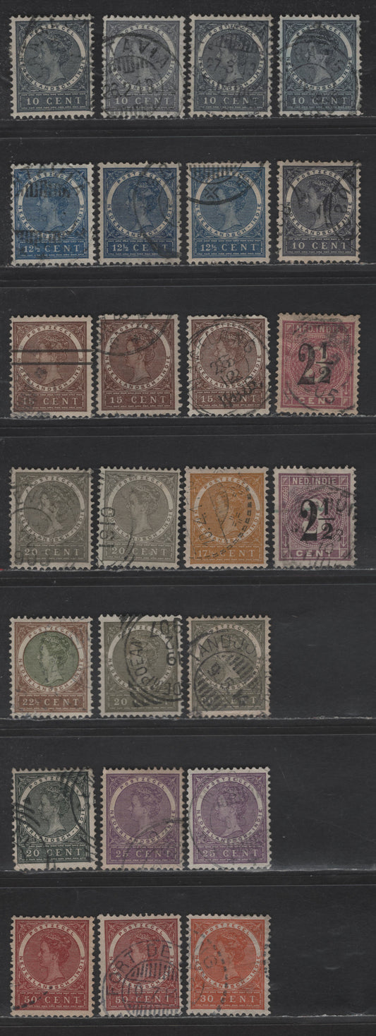 Lot 223 Netherlands Indies SC#47-57, 50a 2.5c on 3c - 50c Violet - Red Brown Queen Wilhelmina, 1902-1908 Surcharged Queen Wilhelmina Issue, 24 Fine/Very Fine Used Singles, Unlisted Shade Variations