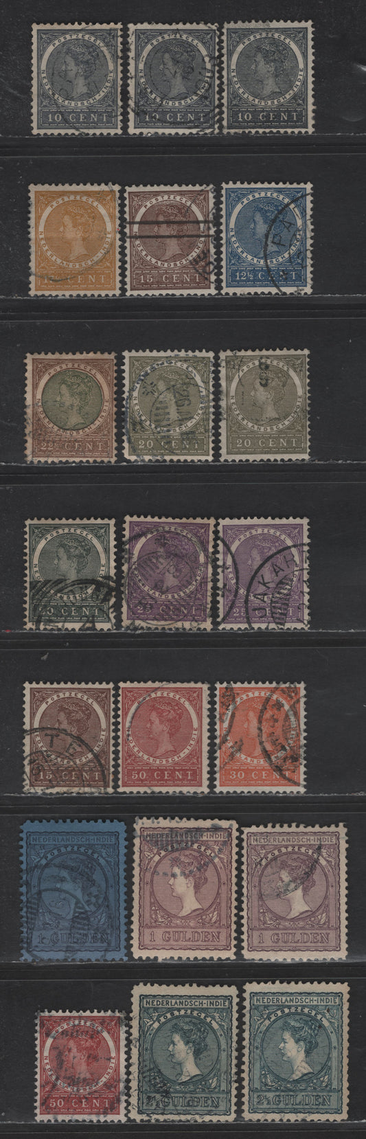 Lot 224 Netherlands Indies SC#48-57, 59-60, 61a-b 10c - 2.5g Slate - Slate Blue Queen Wilhelmina, 1903-1912 Queen Wilhelmina Issue, 21 Fine/Very Fine Used Singles