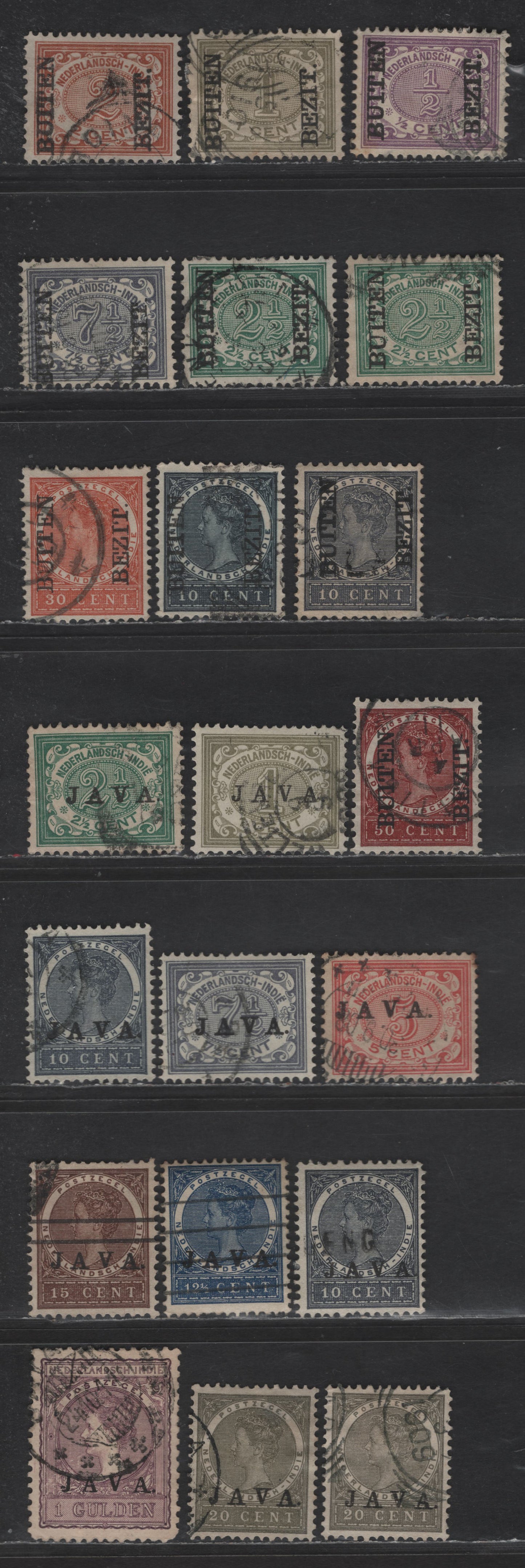 Lot 226 Netherlands Indies SC#63-66, 69-70, 77-78, 82, 84, 86-90, 92, 97 1/2c - 1g Violet - Dull Lilac Queen Wilhelmina, 1908 Queen Wilhelmina Issue, 21 Fine/Very Fine Used Singles, Some Shade Varieties