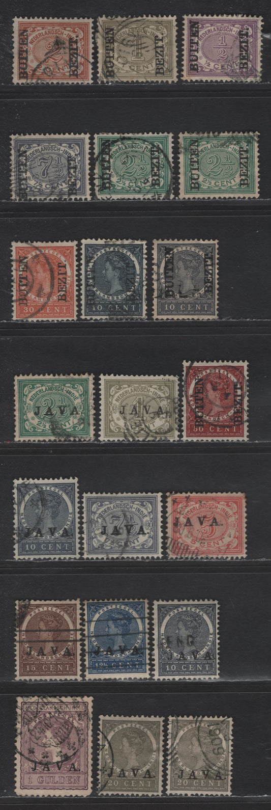 Lot 226 Netherlands Indies SC#63-66, 69-70, 77-78, 82, 84, 86-90, 92, 97 1/2c - 1g Violet - Dull Lilac Queen Wilhelmina, 1908 Queen Wilhelmina Issue, 21 Fine/Very Fine Used Singles, Some Shade Varieties