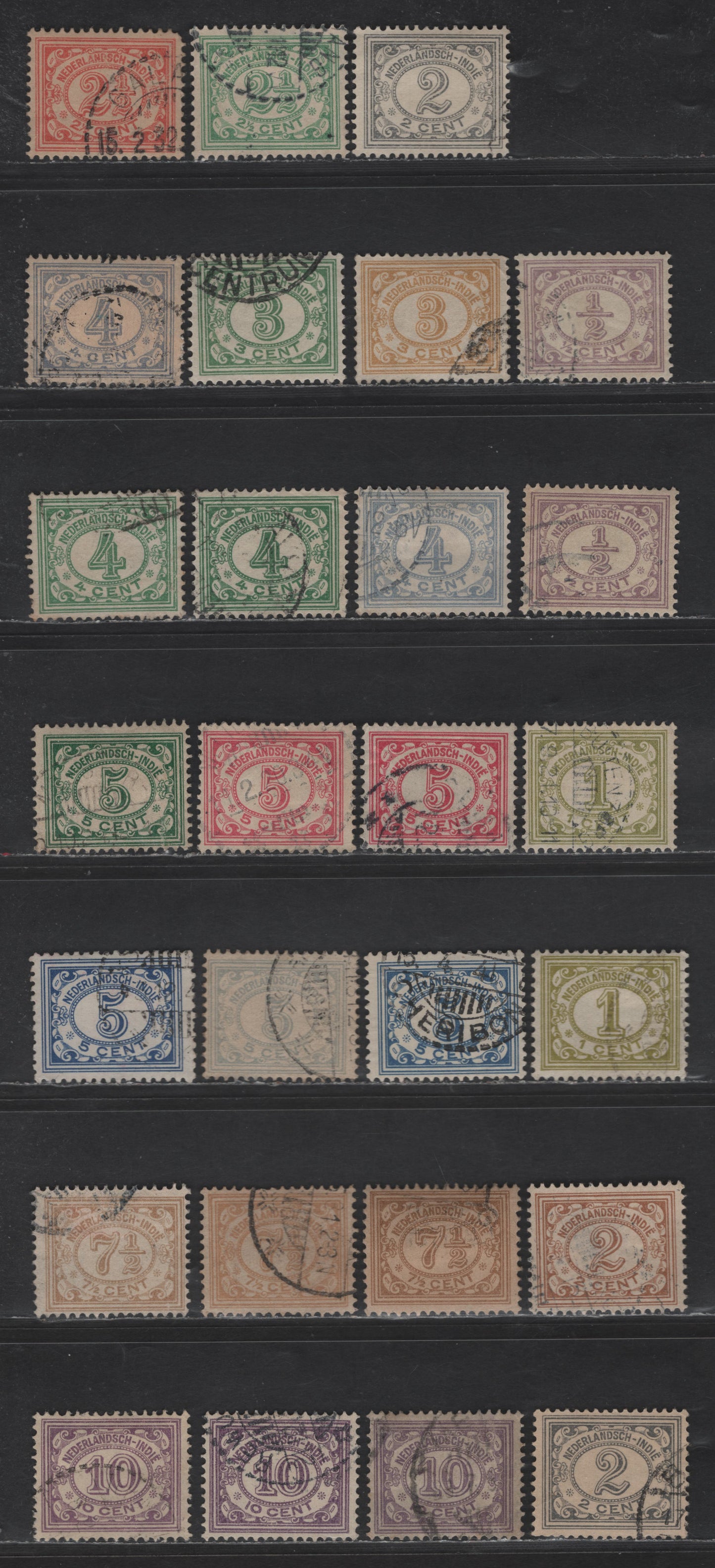 Lot 227 Netherlands Indies SC#101-110, 112-116, 115a 1/2c - 10c Light Violet - Lilac Numerals, 1912-1940 Numerals Issue, 27 Fine/Very Fine Used Singles