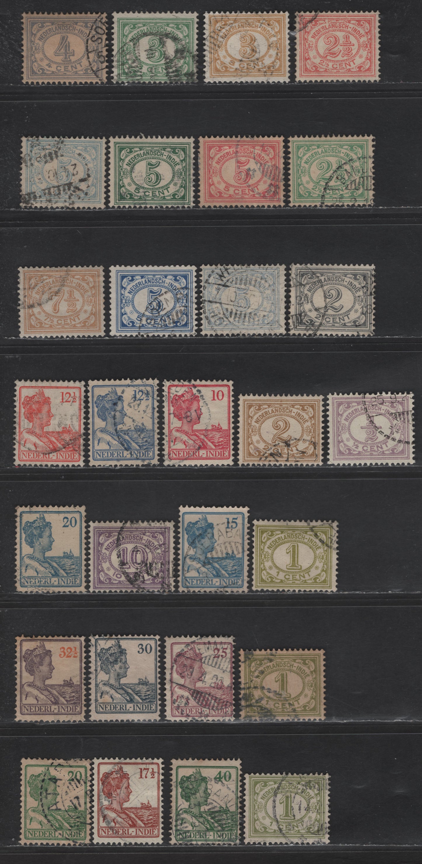 Lot 228 Netherlands Indies SC#101/130 1c - 40c Light Violet - Green Numerals - Queen Wilhelmina, 1912-1940 Numerals - Queen Wilhelmina Issues, 29 Fine/Very Fine Used Singles
