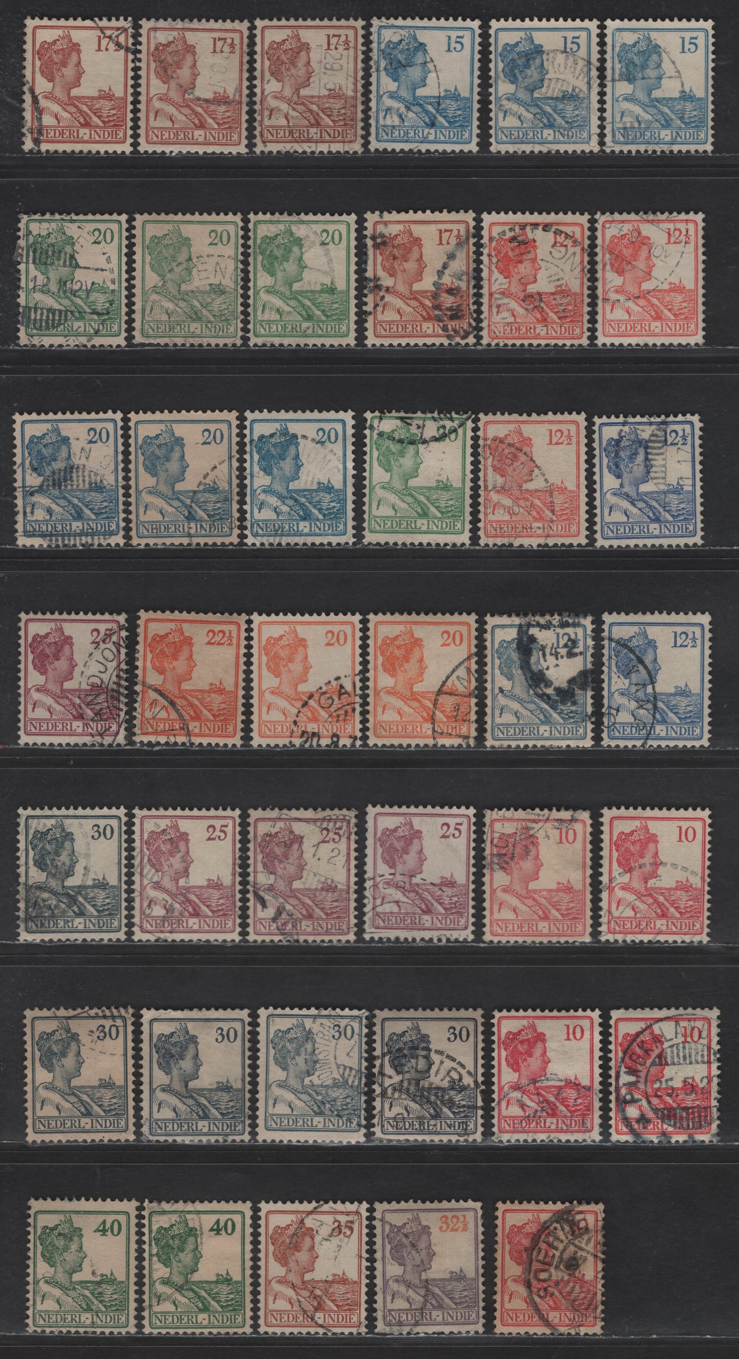 Lot 229 Netherlands Indies SC#117-130 10c - 40c Carmine - Green Queen Wilhelmina, 1912-1940 Queen Wilhelmina Keyplates Issue, 41 Fine/Very Fine Used Singles, Non-Soluable Ink, Numerous Shade Varieties