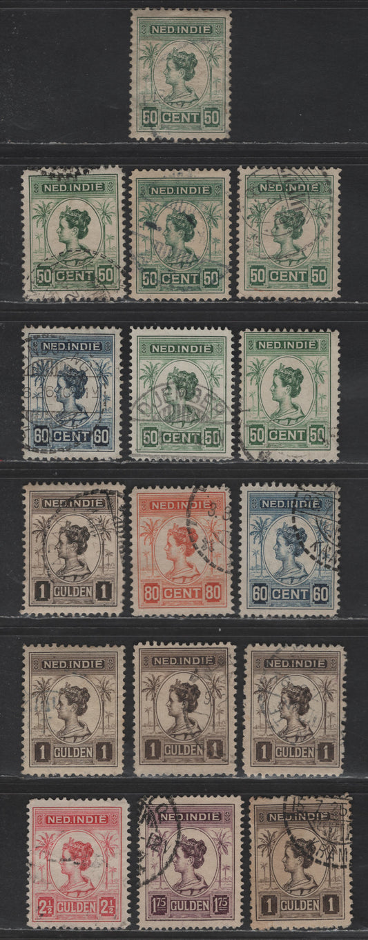 Lot 231 Netherlands Indies SC#131-136, 131a-b, 134a 50c - 2.5g Green - Carmine Queen Wilhelmina, 1912-1940 Queen Wilhelmina Engraved High Value Issue, 16 Fine/Very Fine Used Singles, Perfs 11.5, 11x11.5 & 12.5, Shade Variations