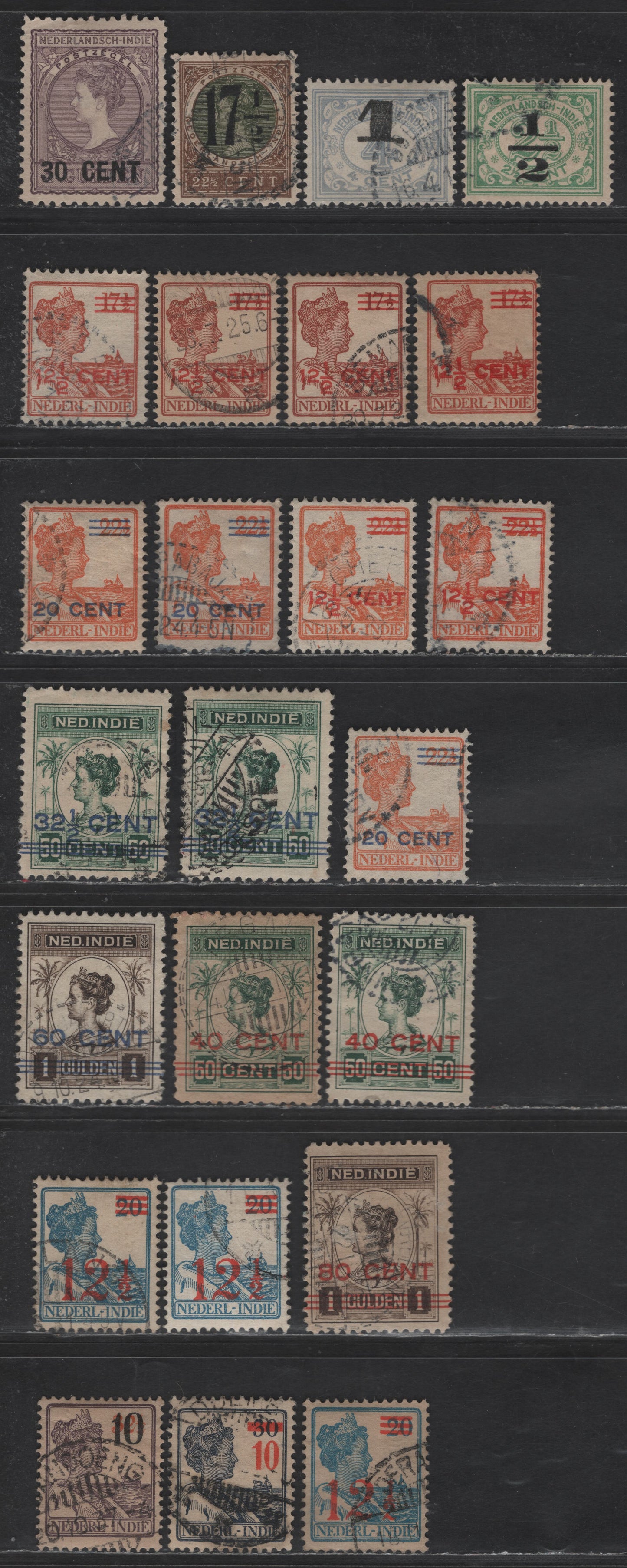 Lot 232 Netherlands Indies SC#137-140, 144-150, 147a, 158 1/2c on 2.5c - 80c on 1g Green - Brown Queen Wilhelmina, 1917-1937 Queen Wilhelmina Engraved High Value Issue, 24 Very Fine Used Singles, Shade & Surcharge Ink Variations