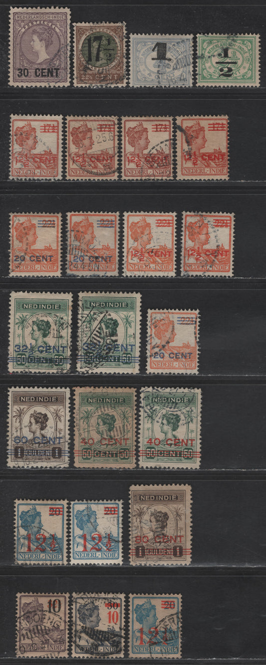 Lot 232 Netherlands Indies SC#137-140, 144-150, 147a, 158 1/2c on 2.5c - 80c on 1g Green - Brown Queen Wilhelmina, 1917-1937 Queen Wilhelmina Engraved High Value Issue, 24 Very Fine Used Singles, Shade & Surcharge Ink Variations