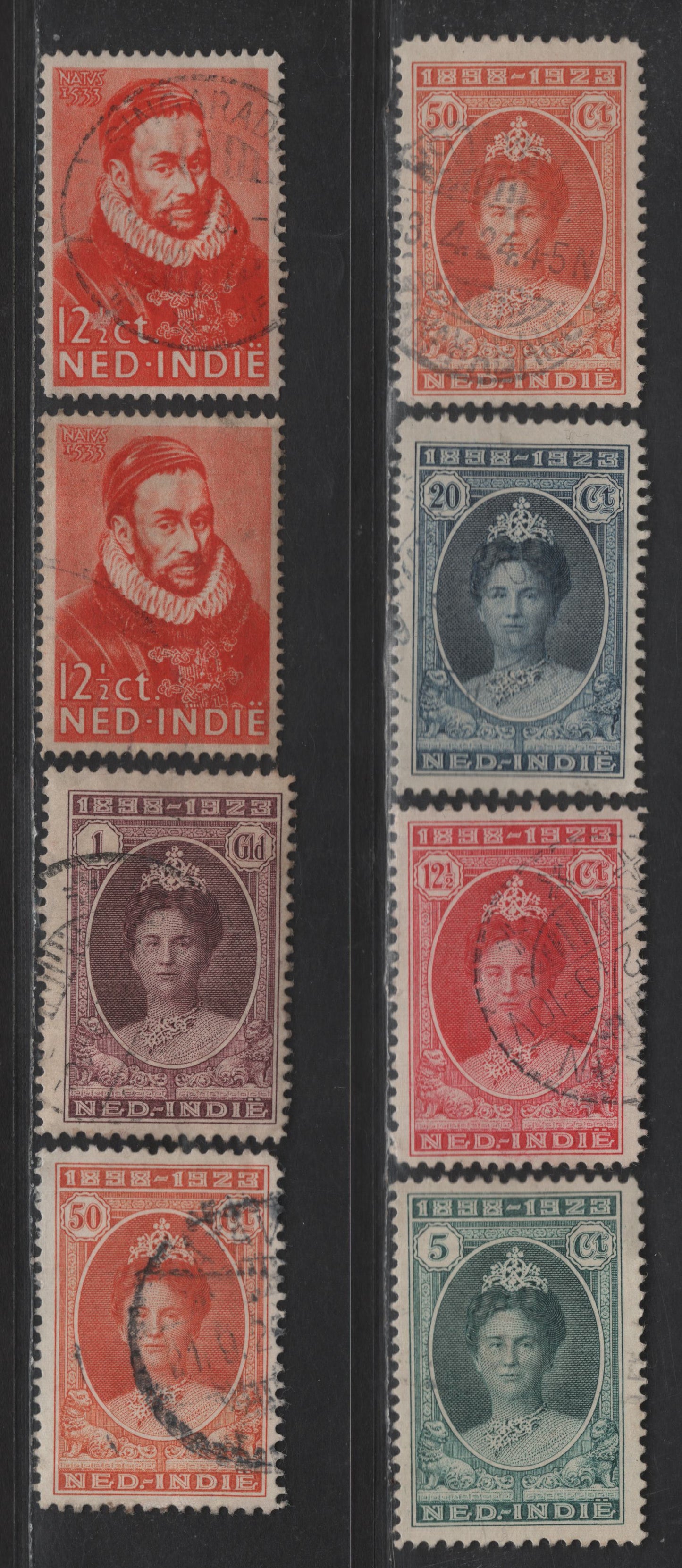 Lot 233 Netherlands Indies SC#151-153, 154b-c, 155, 157 5c - 1g Myrtle Green - Brown Violet Queen Wilhelmina - Prince William I, 1923 Queen Wilhelmina's Ascension & Birth of Prince William I Issues, 8 Fine/Very Fine Used Singles, Perf Variations