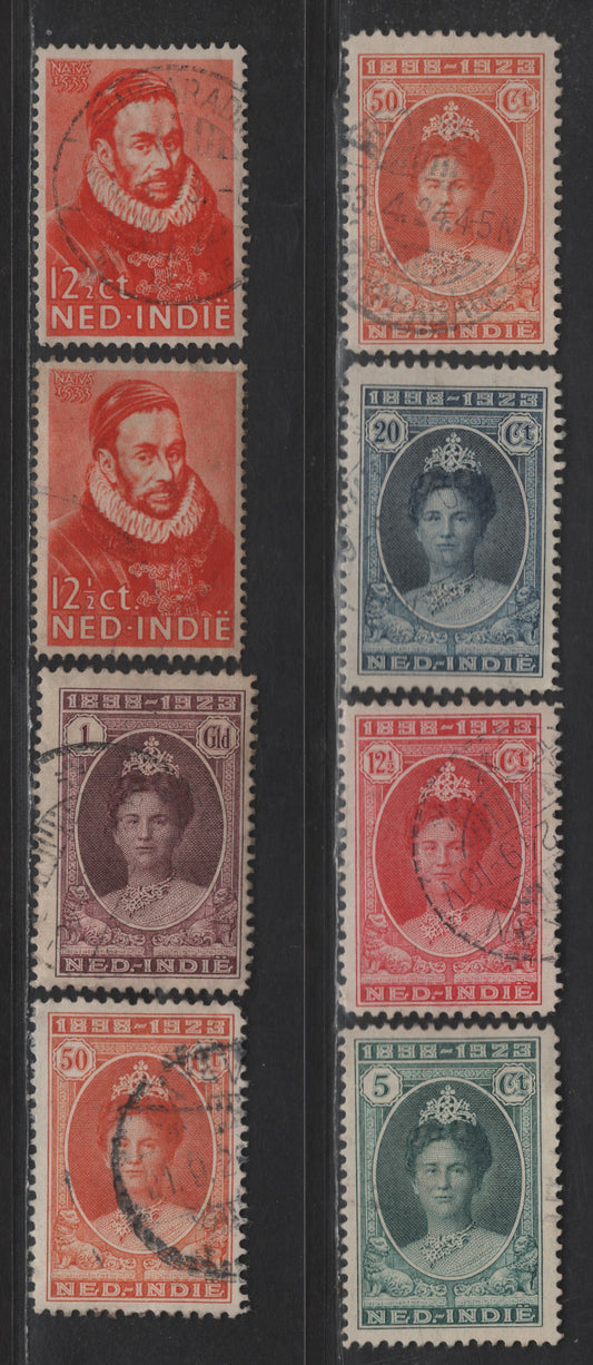 Lot 233 Netherlands Indies SC#151-153, 154b-c, 155, 157 5c - 1g Myrtle Green - Brown Violet Queen Wilhelmina - Prince William I, 1923 Queen Wilhelmina's Ascension & Birth of Prince William I Issues, 8 Fine/Very Fine Used Singles, Perf Variations