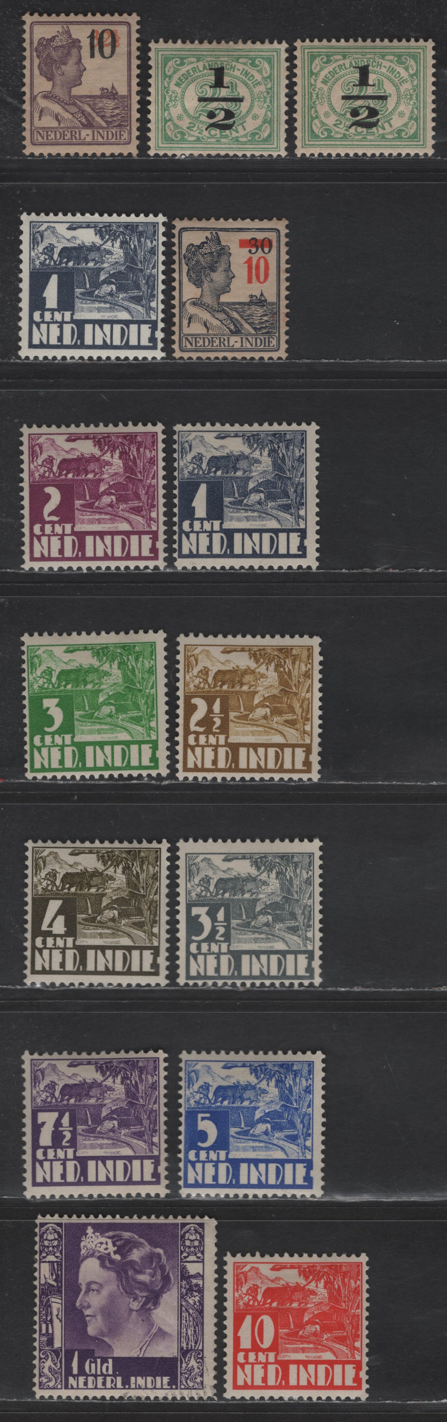 Lot 234 Netherlands Indies SC#137, 195, 194, 164-172, 186 1/2c on 2.5c - 1g Green - Violet Pictorials, 1917-1937 Surcharges - Photogravure Pictorial Issues, 15 F/VFOG Singles