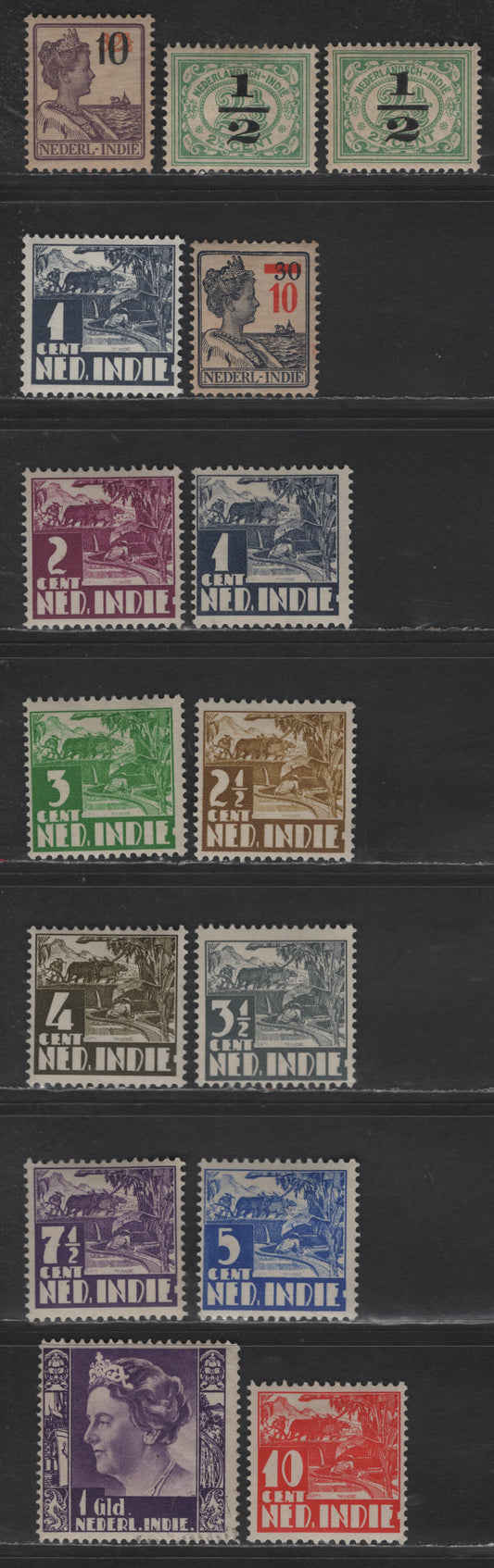 Lot 234 Netherlands Indies SC#137, 195, 194, 164-172, 186 1/2c on 2.5c - 1g Green - Violet Pictorials, 1917-1937 Surcharges - Photogravure Pictorial Issues, 15 F/VFOG Singles