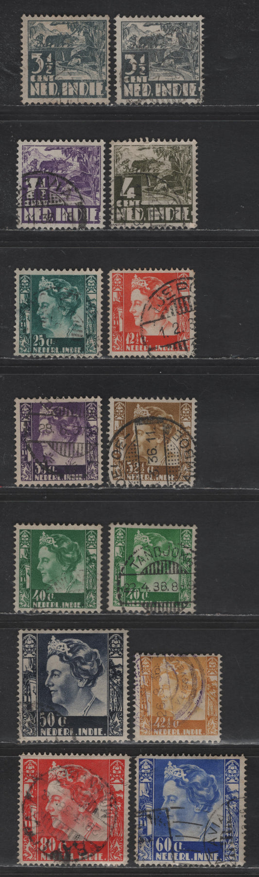 Lot 235 Netherlands Indies SC#166/185, 174a 2.5 - 80c Bistre - Vermillion Pictorials, 1933-1937 Pictorial Issue, 14 Fine/Very Fine Used Singles
