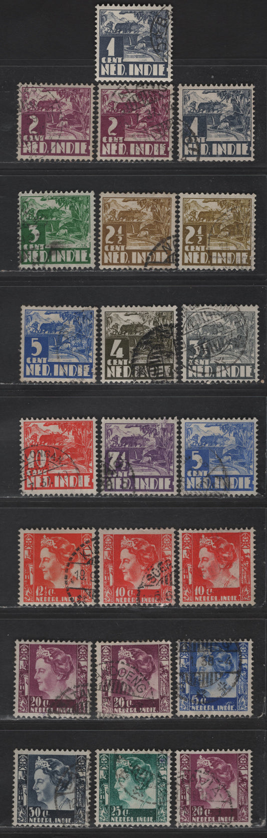 Netherlands Indies SC#164-178 1c - 30c Lilac Gray Pictorials, 1933-1937 Photogravure Pictorial Issue, 22 Very Fine Used Singles, Perfs 11.5x12.5, Shade Variations