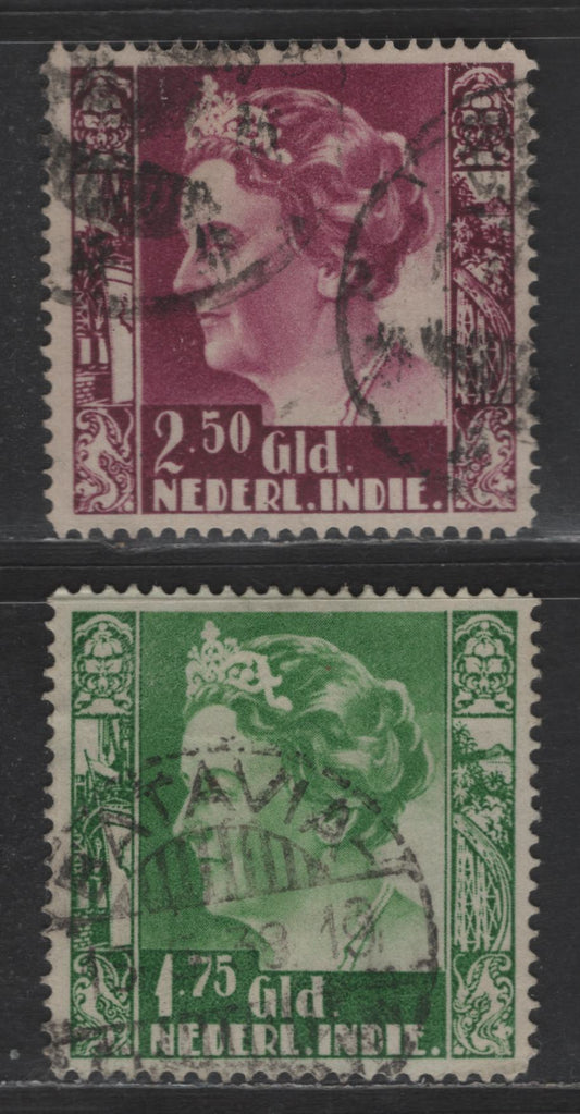 Lot 237 Netherlands Indies SC#187-188 1.75h - 2.50g Yellow Green - Plum Queen Wilhelmina, 1933-1937 Queen Wilhelmina Issue, 2 Very Fine Used Singles, Perf 12.5