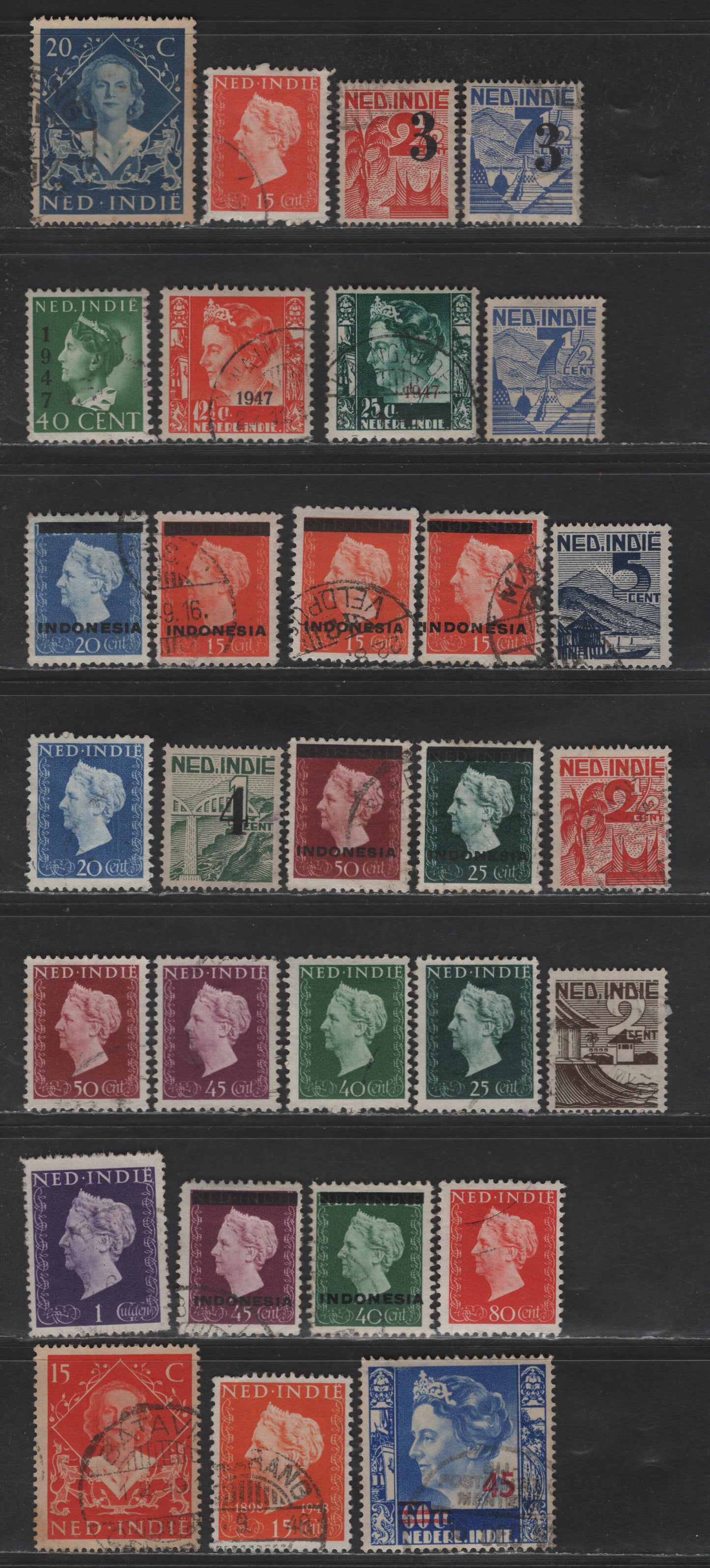 Lot 240 Netherlands Indies SC#264-272, 276, 281-288, 291, 293a-b, 294-295, 294a, 296-299 2c - 50c Black Brown - Red Brown Queen Wilhelmina - Scenes, 1946-1948 Reconstruction - Overprinted Issues, 30 Fine/Very Fine Used Singles, Overprint Types 1 & 2