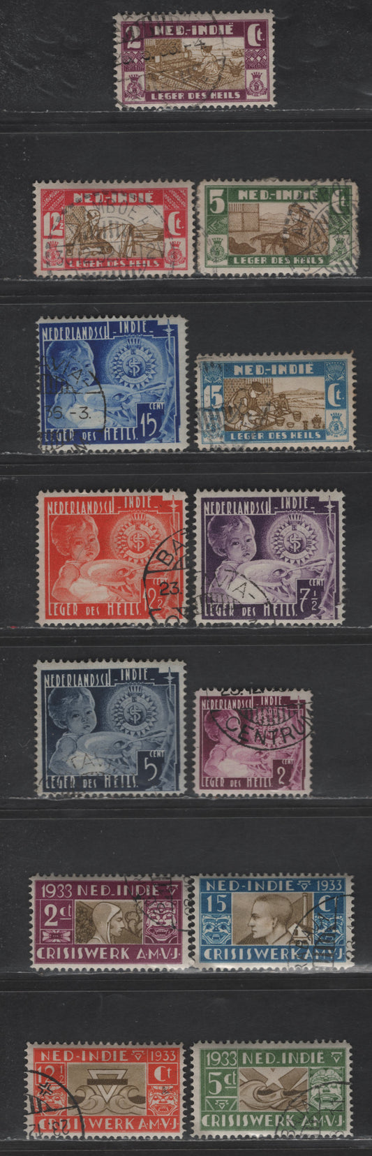 Lot 243 Netherlands Indies SC#B12-B19, B25-B29 2c+1c - 15c+5c Deep Violet & Bistre - Bright Blue Salvation Army, 1932-1936 Salvation Army Semi Postal Issues, 13 Fine/Very Fine Used Singles