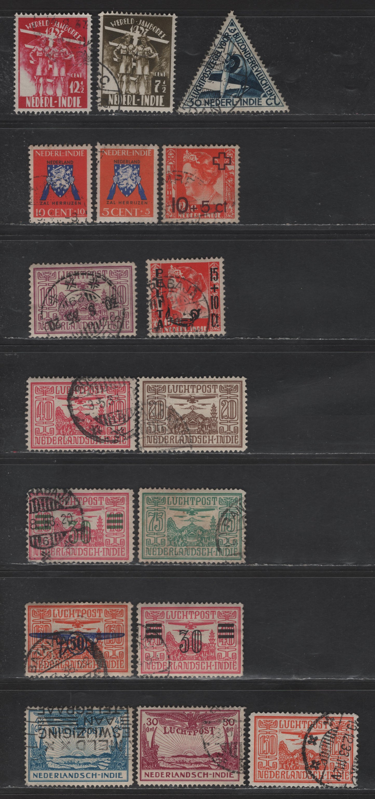Lot 245 Netherlands Indies SC#B30, B48-B50, B57, C17-C18, C6-C12, C14-C15 7.5c+2.5c - 4.5g Dark Olive Brown - Bright Blue Boy Scout World Jamboree - Airmail, 1931-1937 5th Boy Scout Jamboree - Airmail Issues, 17 Fine/Very Fine Used Singles