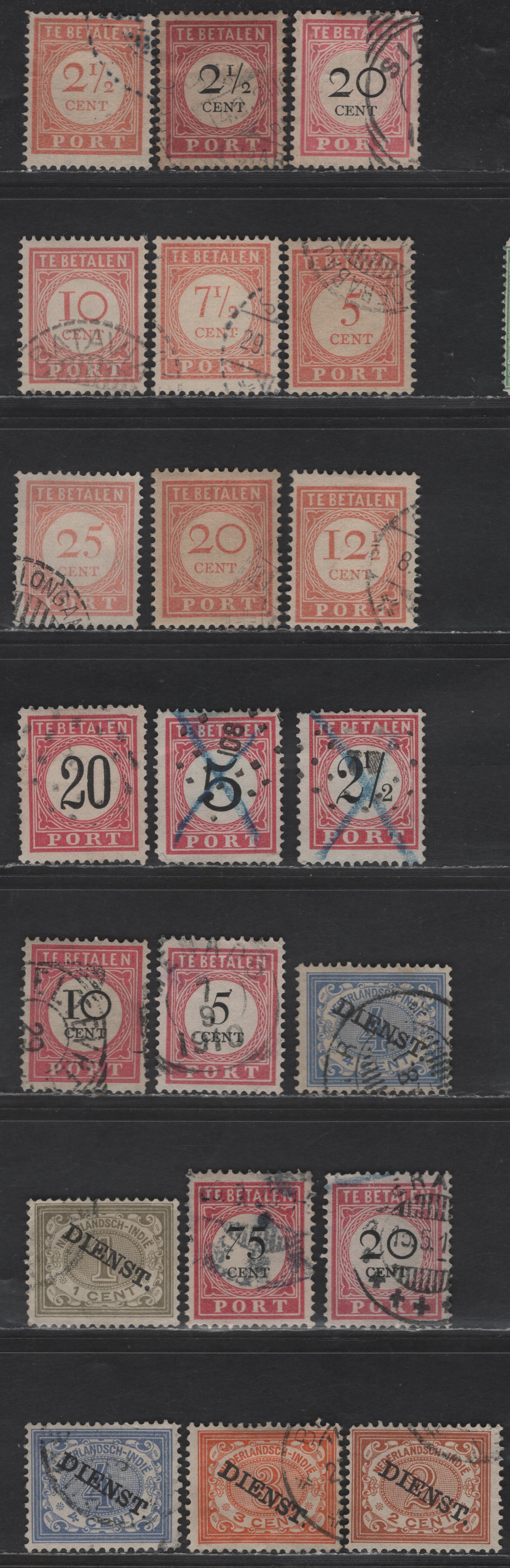 Lot 247 Netherlands Indies SC#J18a, J19, J26/J34, O2-O3, O6-O7, J7c, J8a, J11b, J20, J16, J18, J24 20c - 4c Rose & Black - Ultramarine Numerals, 1892-1911 Postage Dues & Official Overprinted Issues, 21 Fine/Very Fine Used Singles