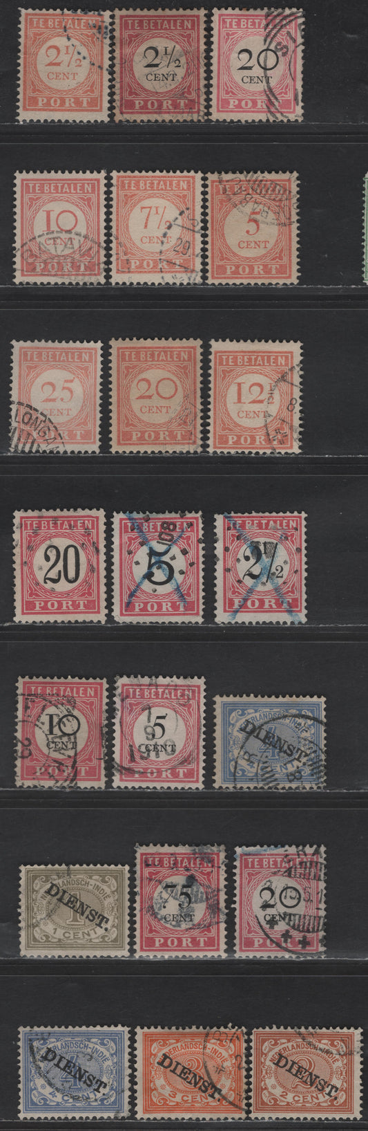 Lot 247 Netherlands Indies SC#J18a, J19, J26/J34, O2-O3, O6-O7, J7c, J8a, J11b, J20, J16, J18, J24 20c - 4c Rose & Black - Ultramarine Numerals, 1892-1911 Postage Dues & Official Overprinted Issues, 21 Fine/Very Fine Used Singles