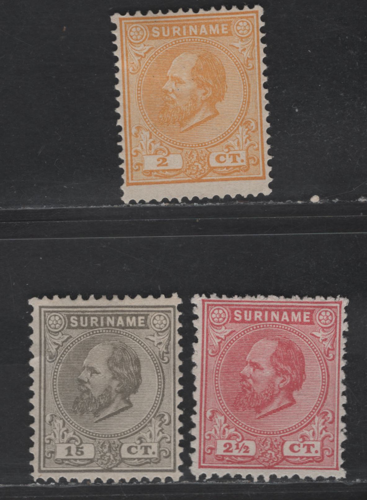 Lot 249 Suriname SC#2-3, 8 2c - 15c Yellow - Gray King William III, 1873-1889 King William III Issue, 3 Fine/Very Fine Unused Singles, Without Gum As Issued, Perfs 13.5x13, 12.5 & 12.5x13