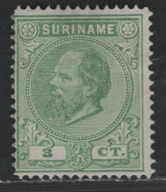 Lot 250 Suriname SC#4b 3c Green King William III, 1873-1889 King William III Issue, A Fine Unused Single, Perf 14, Small Holes, No Gum As Issued