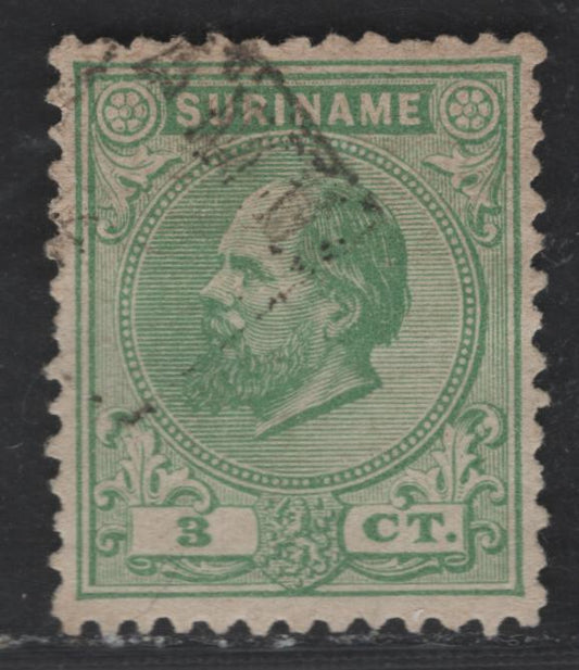 Lot 251 Suriname SC#4 3c Green King William III, 1873-1889 King William III Issue, A Very Fine Used Single, Perf 12.5x12