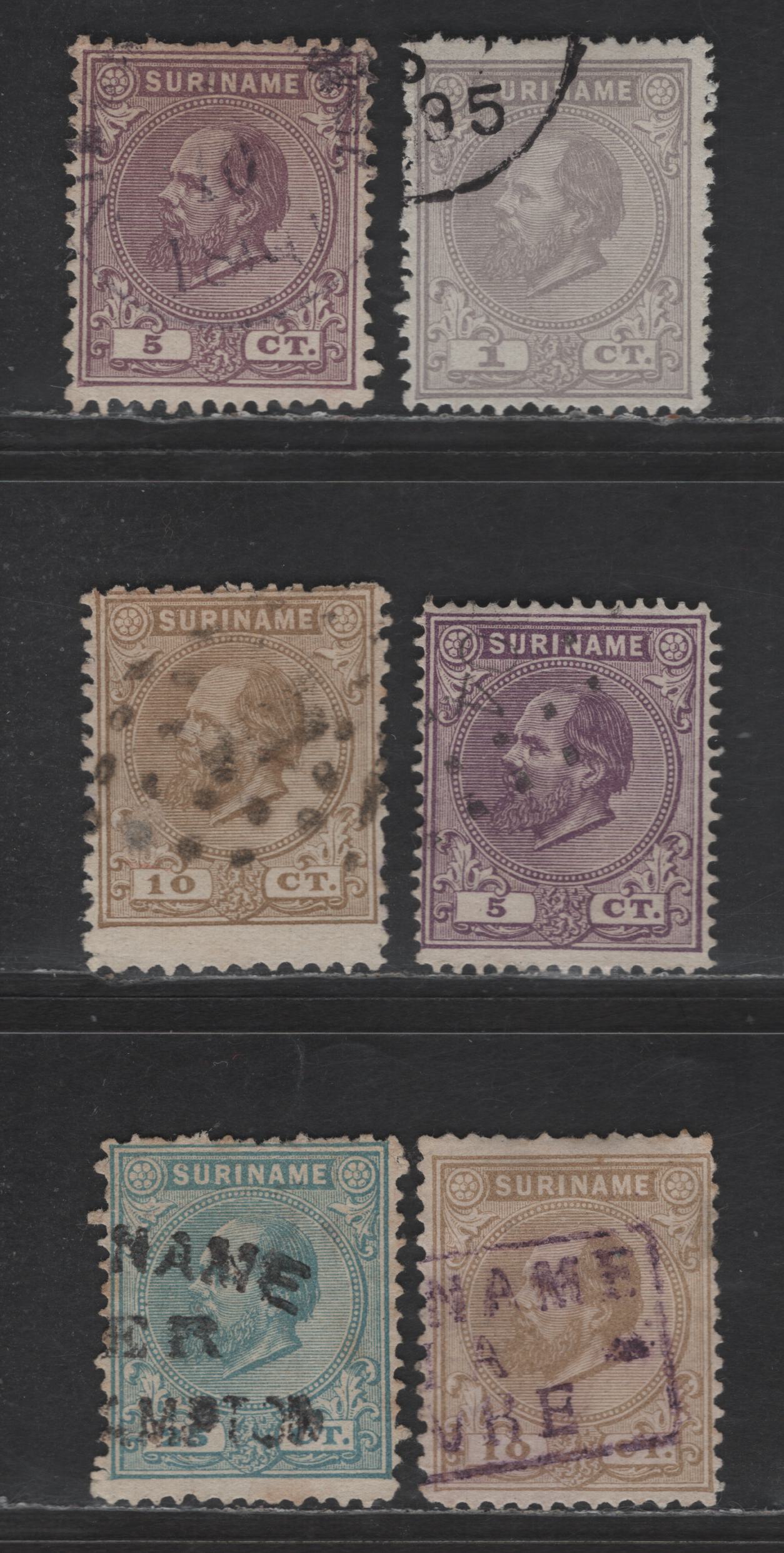 Lot 252 Suriname SC#1, 5,b, 6, 10 1c - 25c Lilac Gray - Greenish Blue King William III, 1873-1889 King William III Issue, 6 Fine Used Singles, With Various Perfs